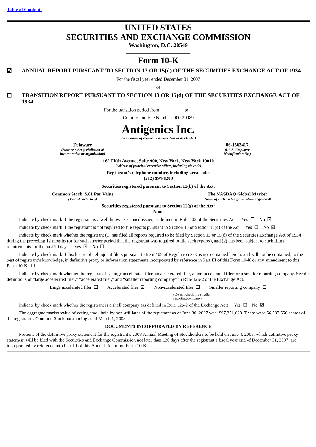 Antigenics Inc. (Exact Name of Registrant As Specified in Its Charter)