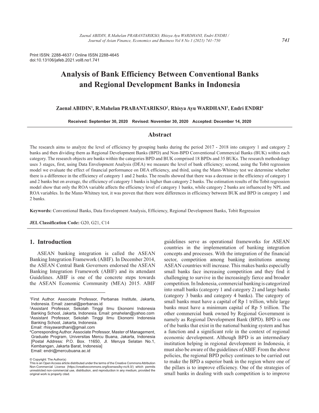 Analysis of Bank Efficiency Between Conventional Banks and Regional Development Banks in Indonesia