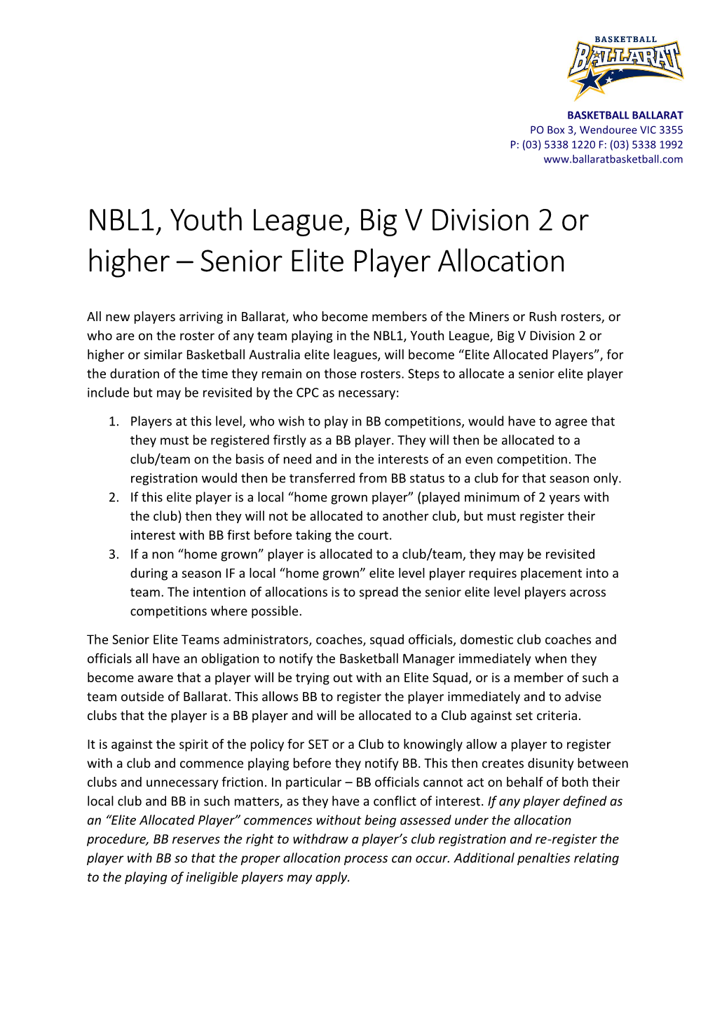 NBL1, Youth League, Big V Division 2 Or Higher – Senior Elite Player Allocation