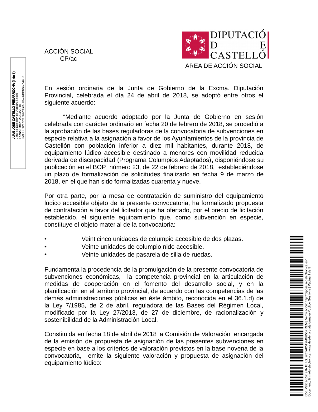 ACCIÓN SOCIAL CP/Ac AREA DE ACCIÓN SOCIAL En Sesión Ordinaria De La Junta De Gobierno De La Excma. Diputación Provincial, Ce