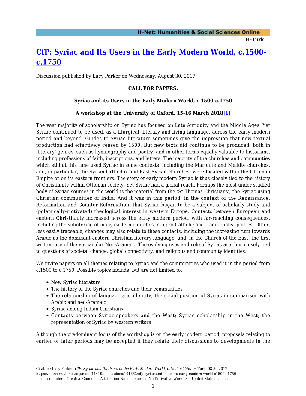 Cfp: Syriac and Its Users in the Early Modern World, C.1500- C.1750