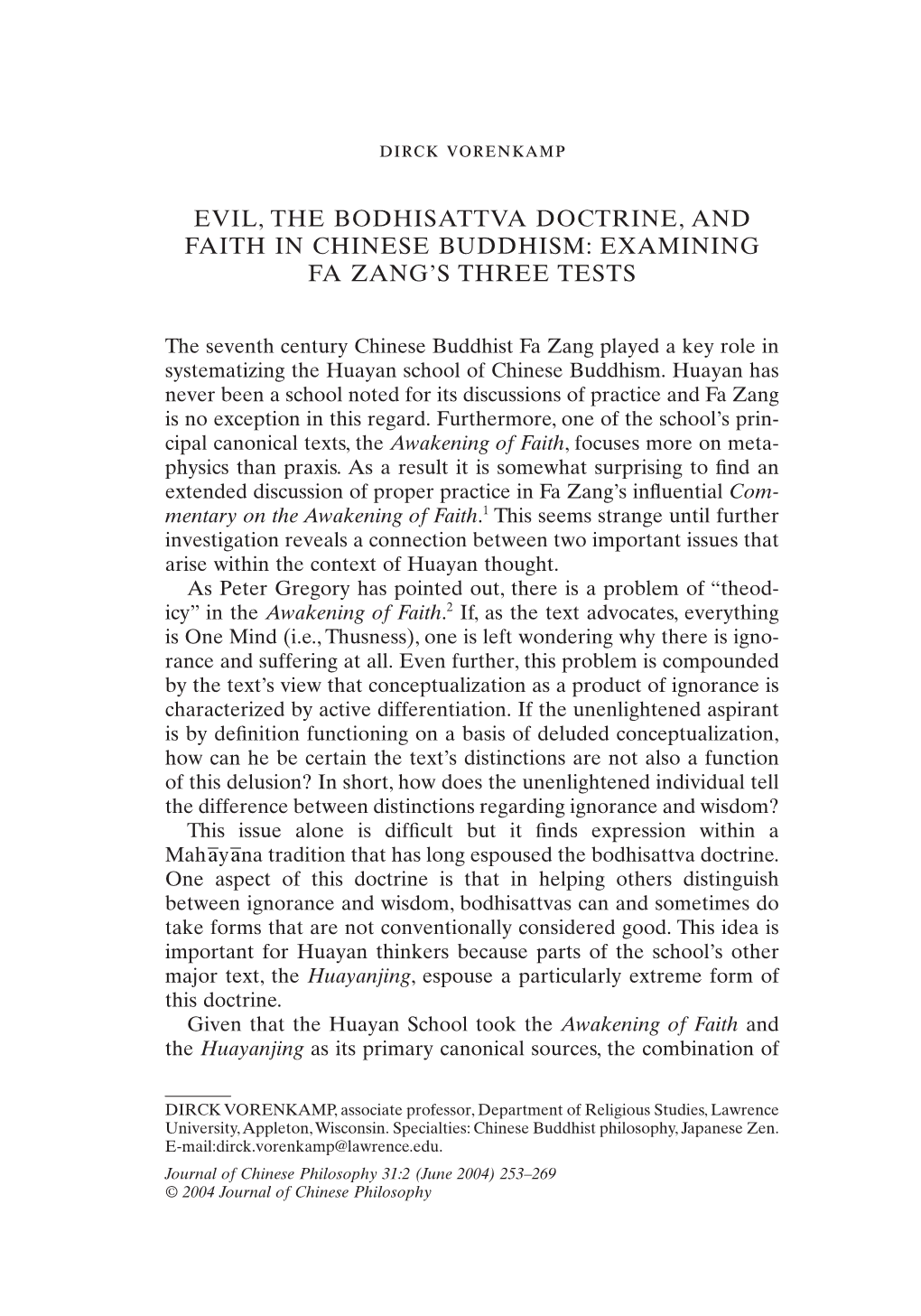 Evil, the Bodhisattva Doctrine, and Faith in Chinese Buddhism: Examining Fa Zang’S Three Tests