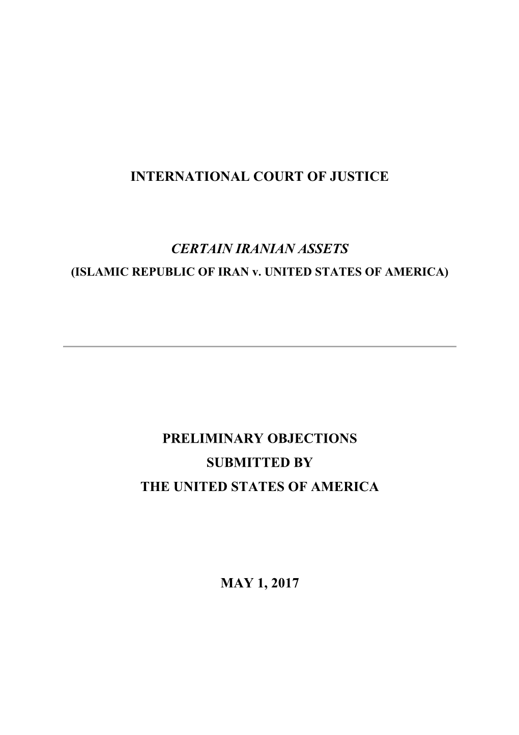 Preliminary Objections Submitted by the United States of America