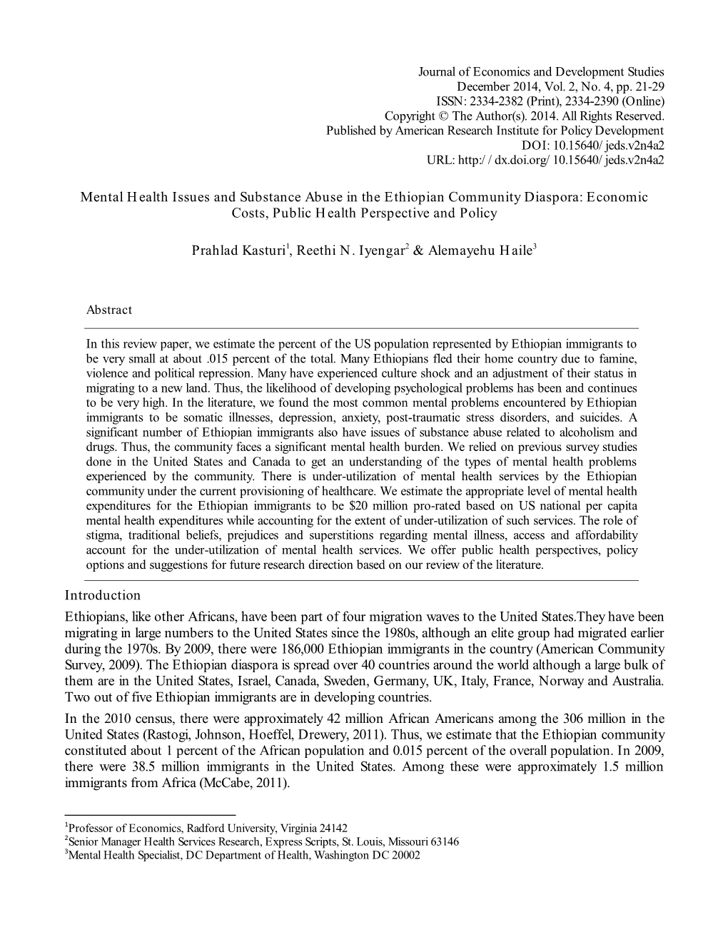 Mental Health Issues and Substance Abuse in the Ethiopian Community Diaspora: Economic Costs, Public Health Perspective and Policy