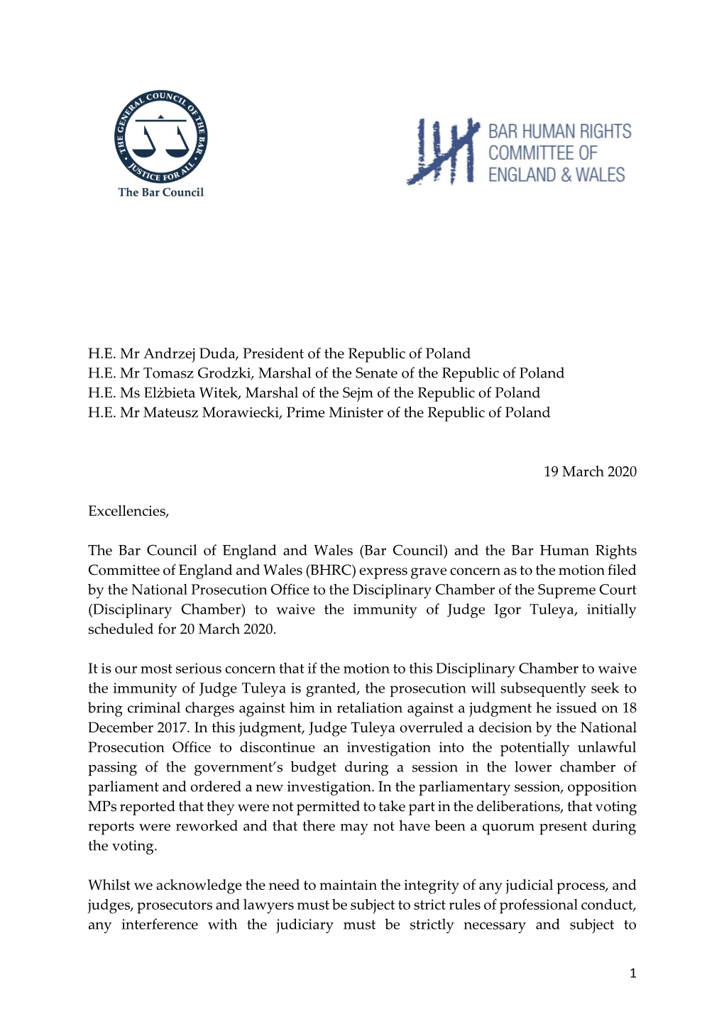 Bar Council and BHRC Write to the Polish Authorities Regarding The