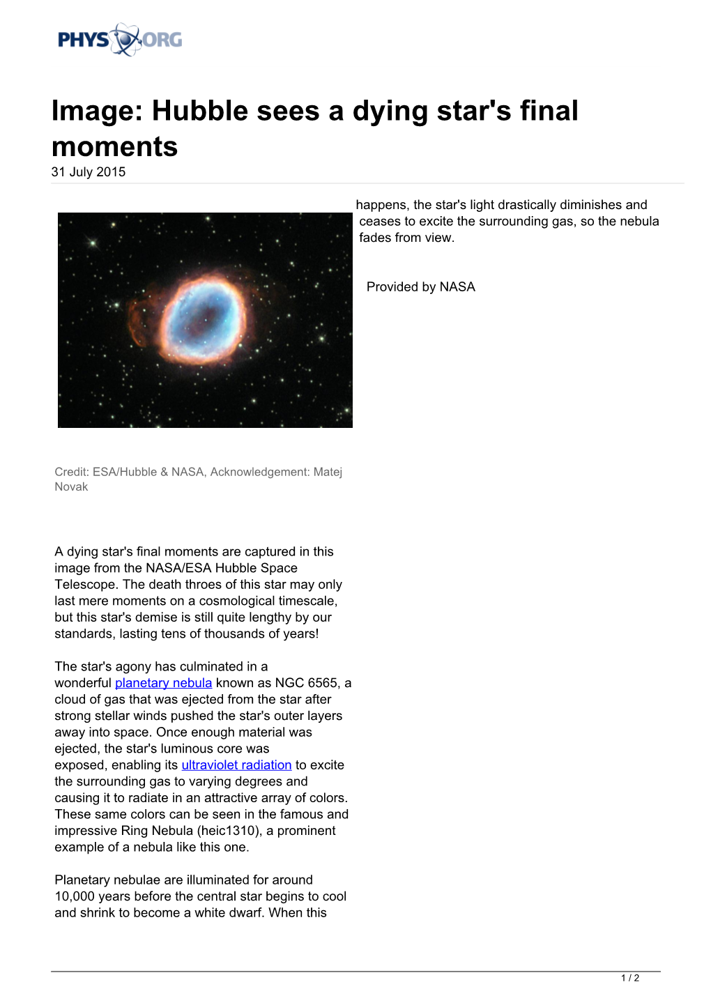 Image: Hubble Sees a Dying Star's Final Moments 31 July 2015