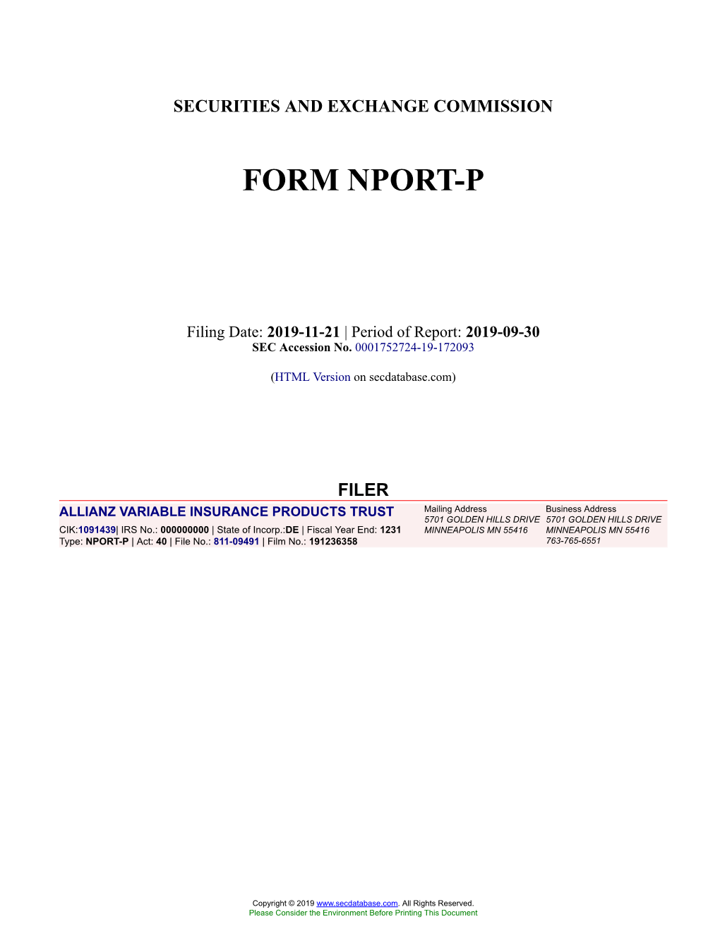 ALLIANZ VARIABLE INSURANCE PRODUCTS TRUST Form NPORT