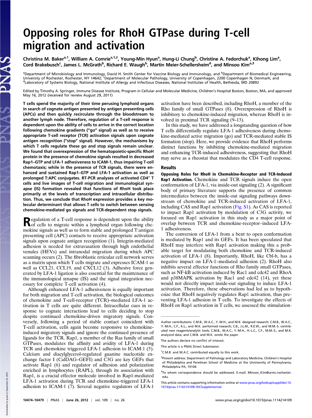 Opposing Roles for Rhoh Gtpase During T-Cell Migration and Activation