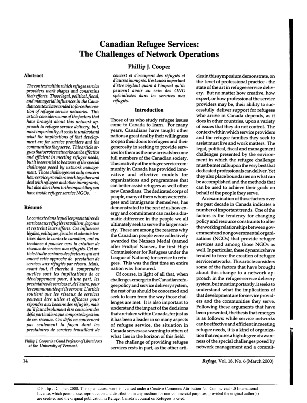 Canadian Refugee Services: the Challenges of Network Operations Phillip J