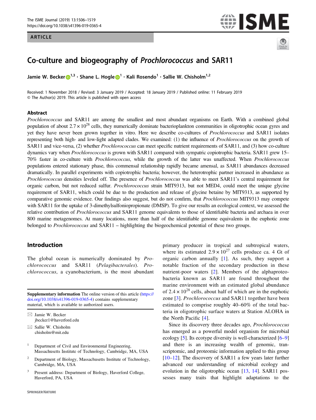 Co-Culture and Biogeography of Prochlorococcus and SAR11