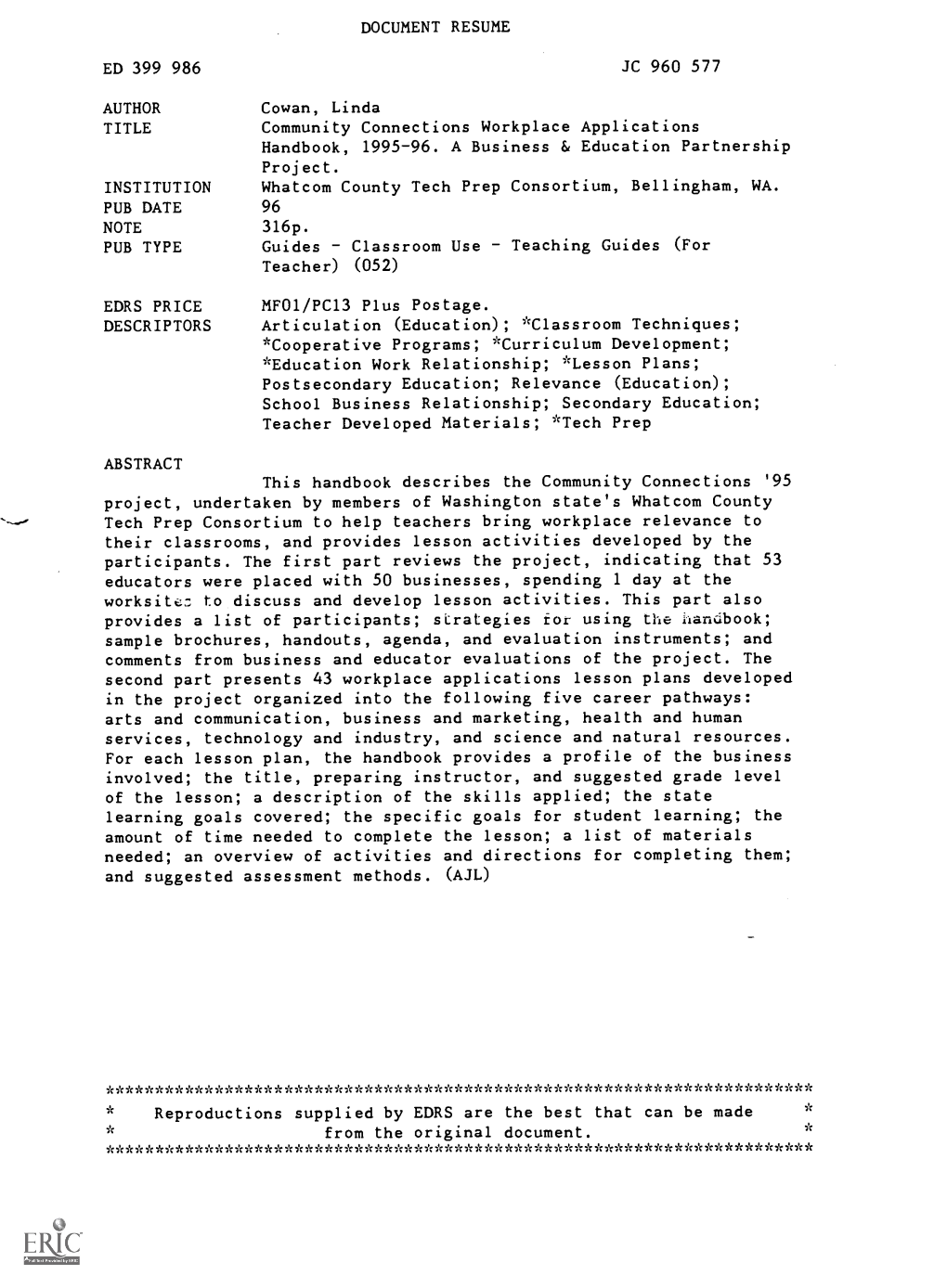 Community Connections Workplace Applications Handbook, 1995-96. a Business & Education Partnership Project