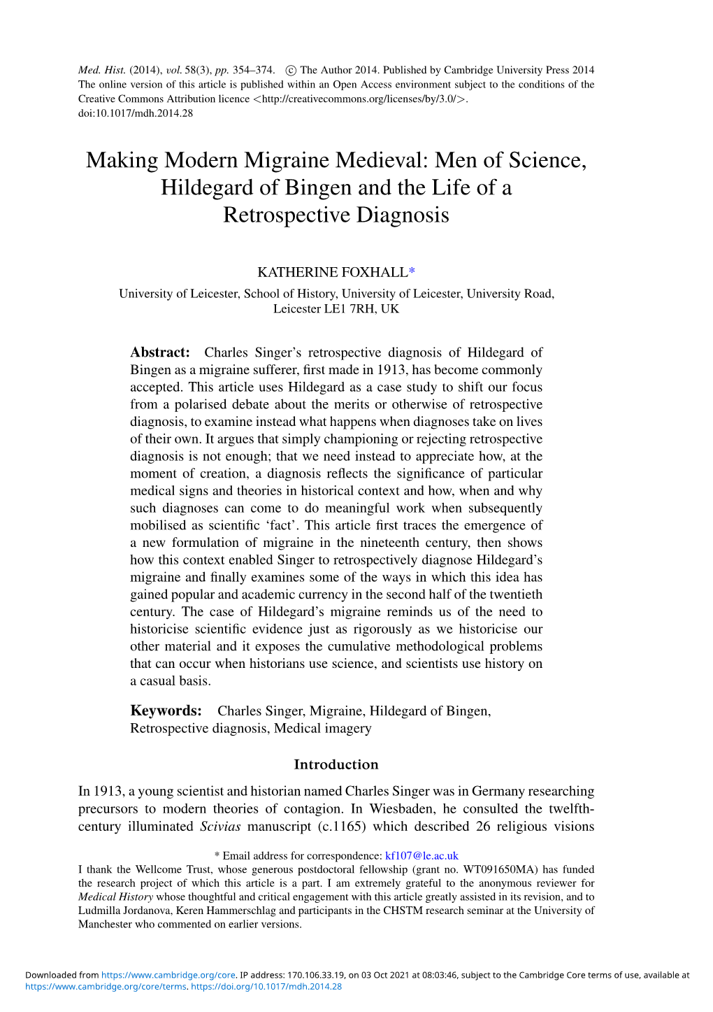 Making Modern Migraine Medieval: Men of Science, Hildegard of Bingen and the Life of a Retrospective Diagnosis