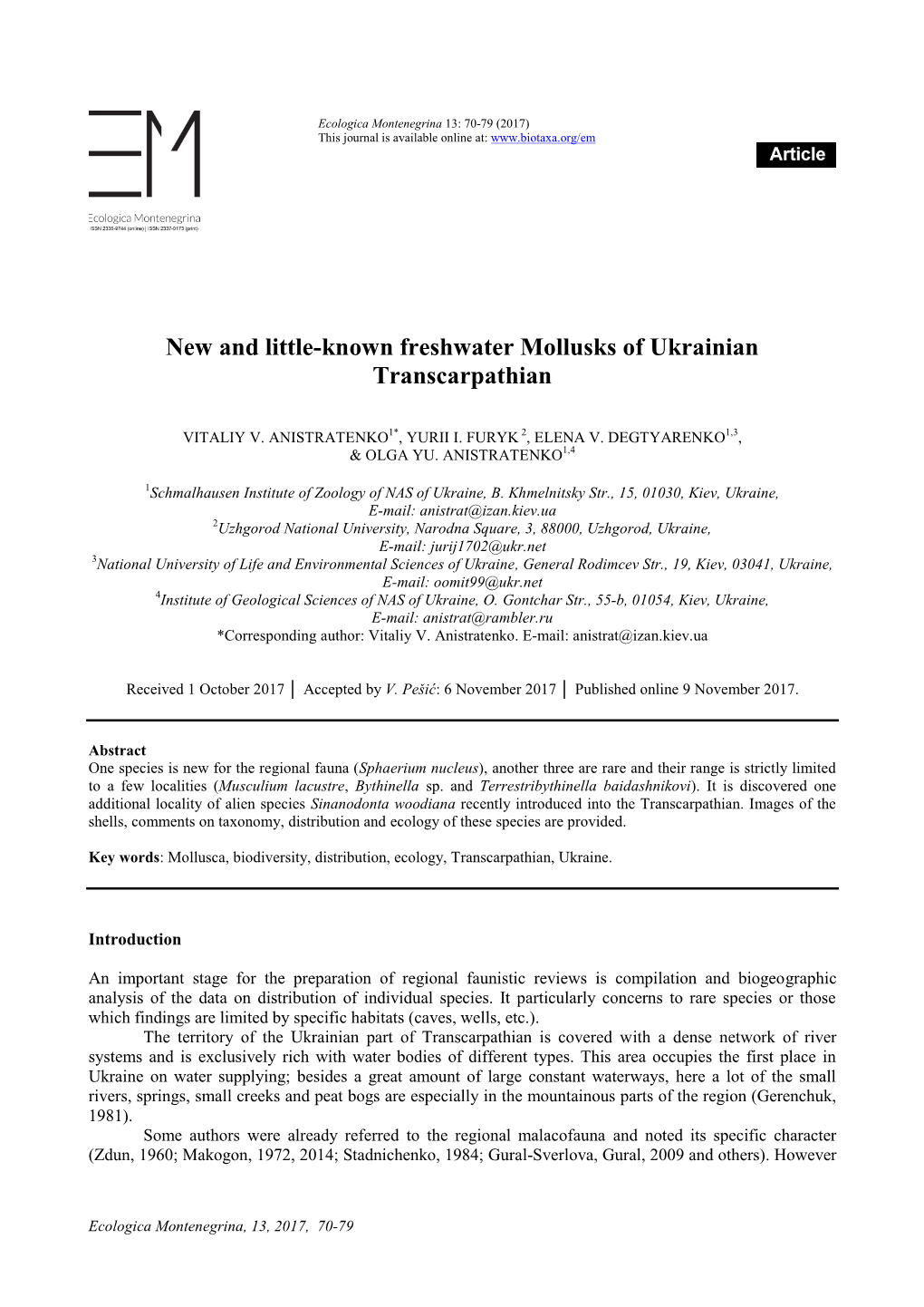 New and Little-Known Freshwater Mollusks of Ukrainian Transcarpathian