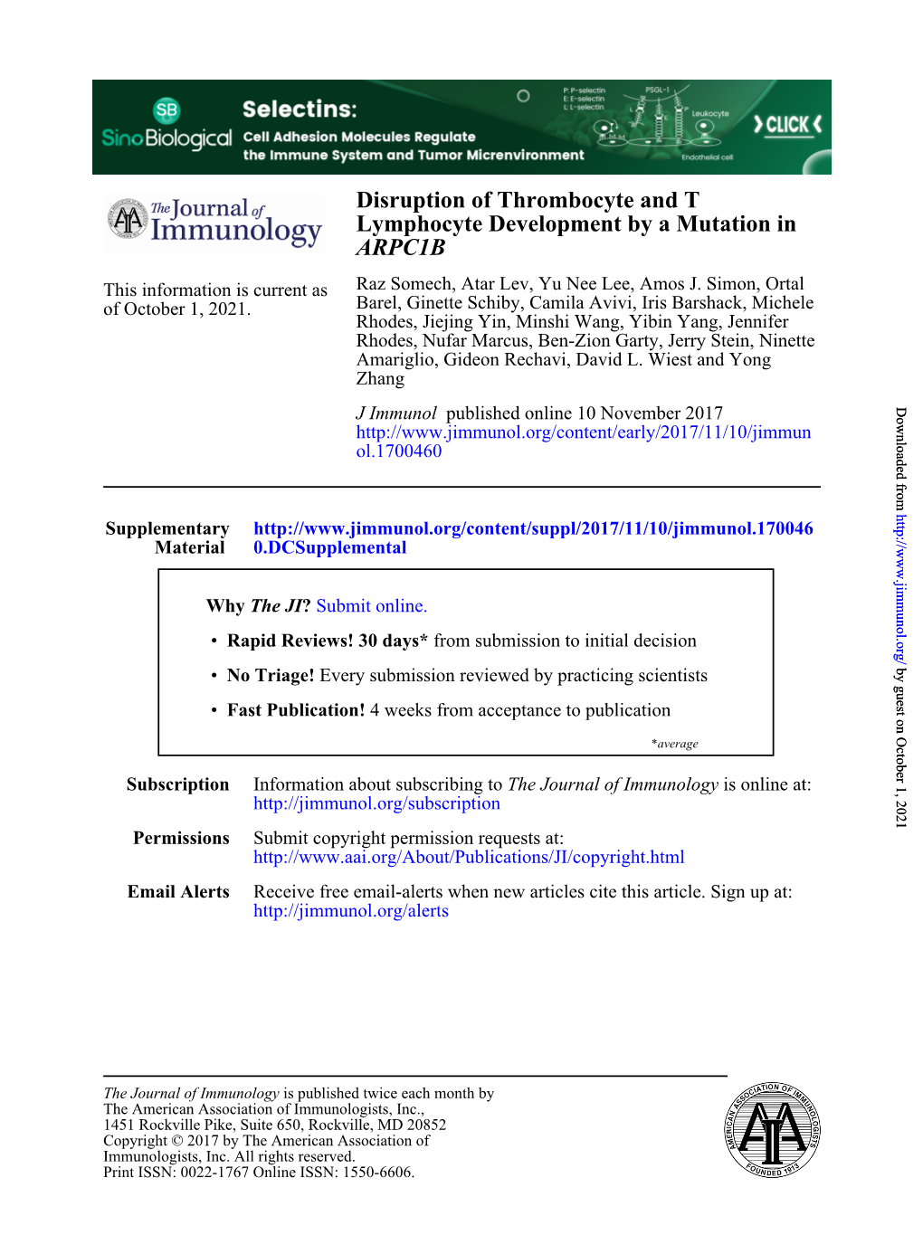 Disruption of Thrombocyte and T Lymphocyte Development by a Mutation in ARPC1B