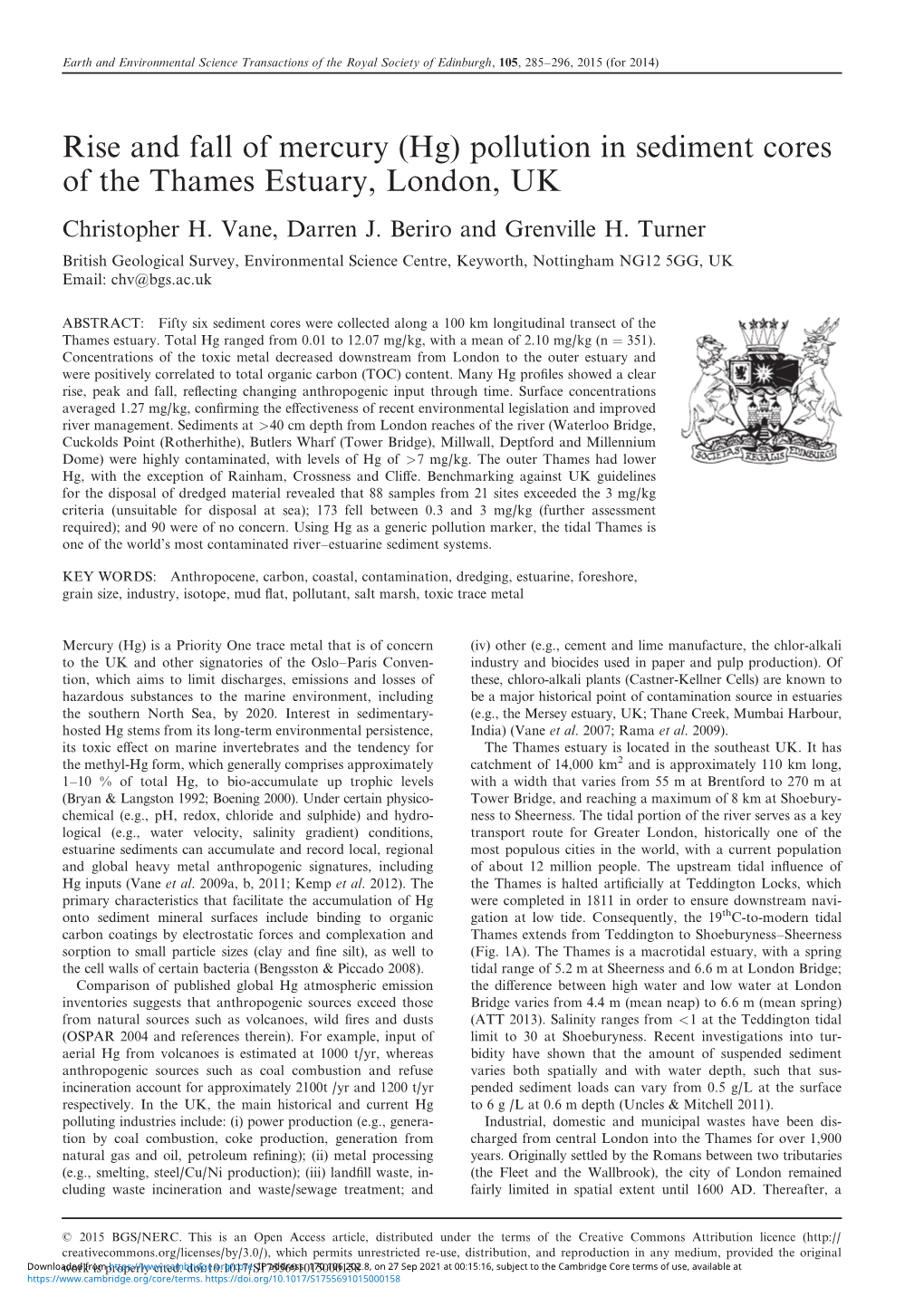 Pollution in Sediment Cores of the Thames Estuary, London, UK Christopher H