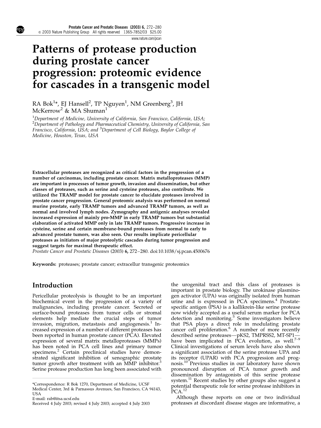 Patterns of Protease Production During Prostate Cancer Progression: Proteomic Evidence for Cascades in a Transgenic Model