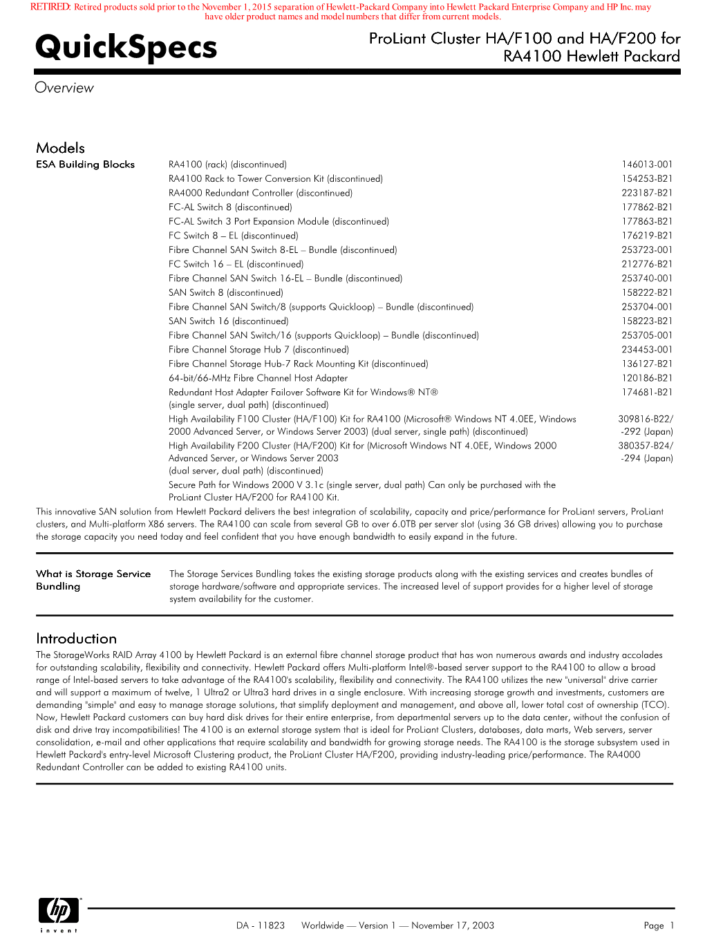 Quickspecs RA4100 Hewlett Packard