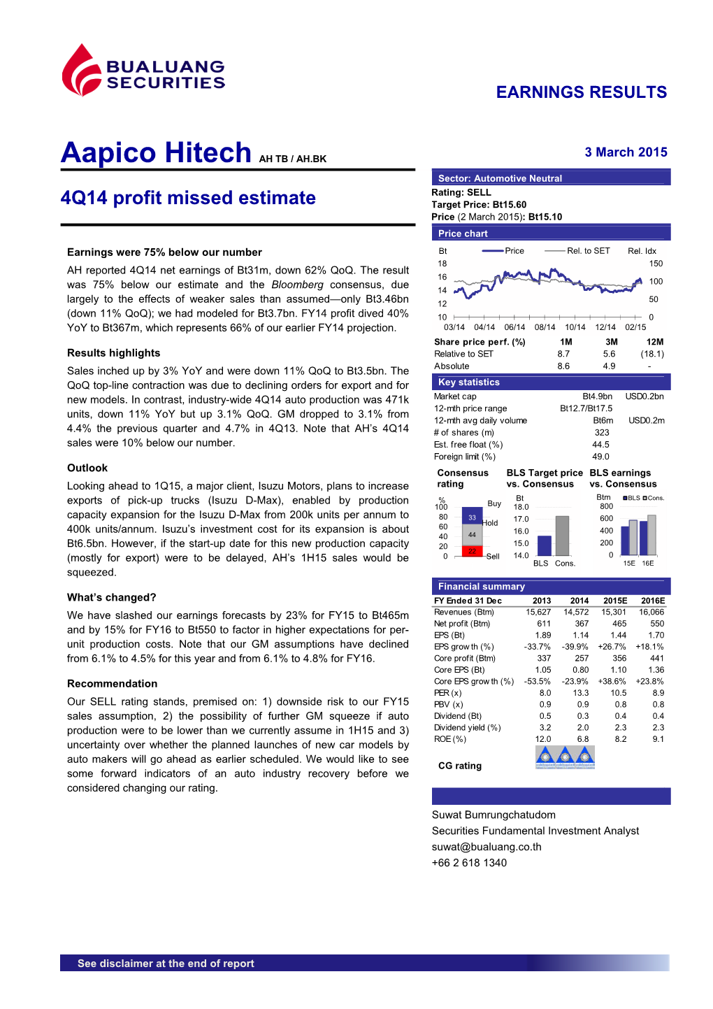 Aapico Hitech AH TB / AH.BK Sector: Automotive Neutral Rating: SELL 4Q14 Profit Missed Estimate Target Price: Bt15.60 Price (2 March 2015): Bt15.10 Price Chart