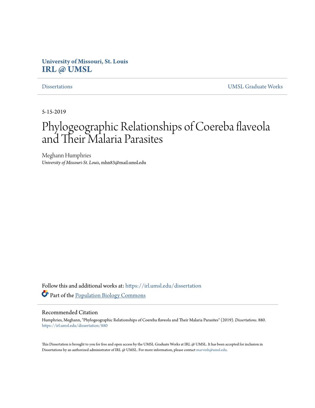 Phylogeographic Relationships of Coereba Flaveola and Their Malaria Parasites