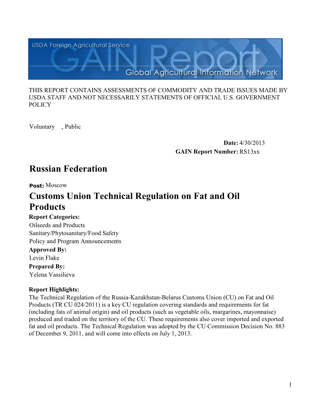 Customs Union Technical Regulation on Fat and Oil Products Russian