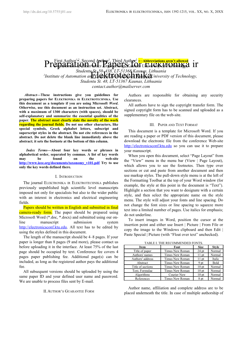 Elektronika Ir Elektrotechnika, Issn 1392-1215, Vol. XX, No. X, 20XX