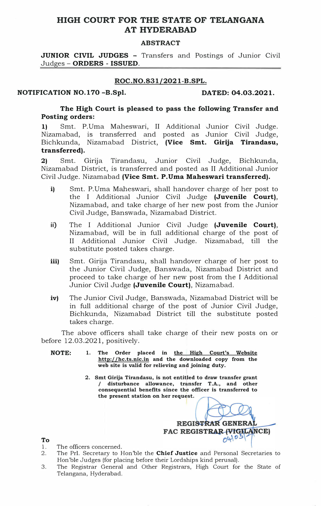 JUNIOR CIVIL JUDGES - Transfers and Postings of Junior Civil Judges - ORDERS - ISSUED