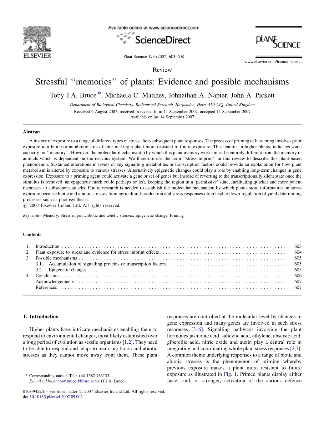 Stressful ''Memories'' of Plants: Evidence and Possible Mechanisms