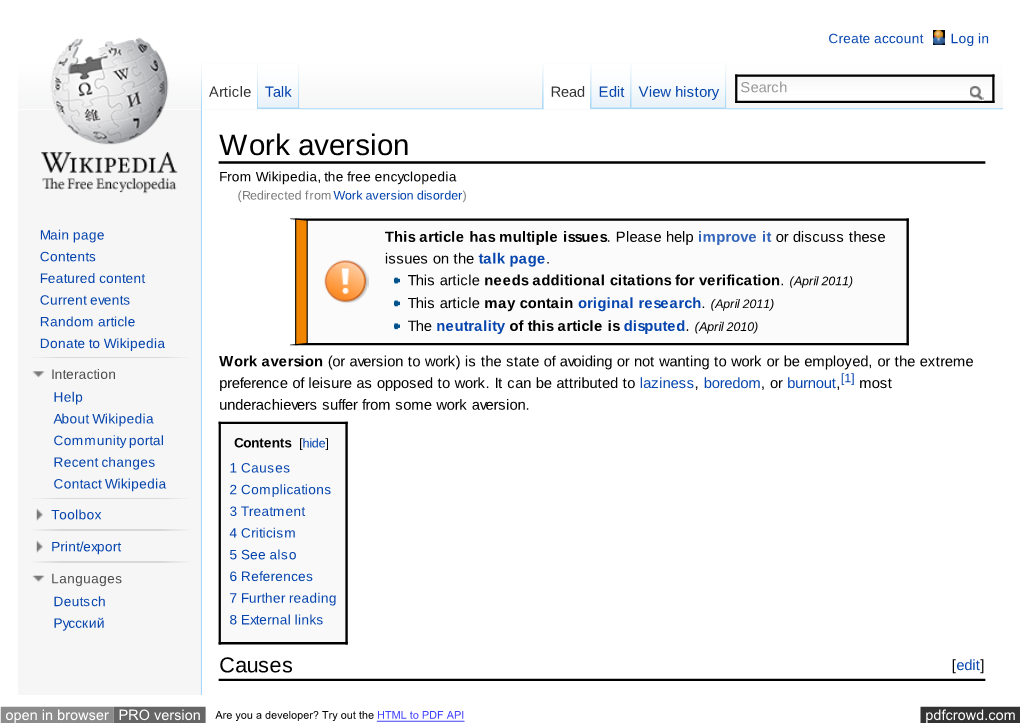 Work Aversion from Wikipedia, the Free Encyclopedia (Redirected from Work Aversion Disorder)