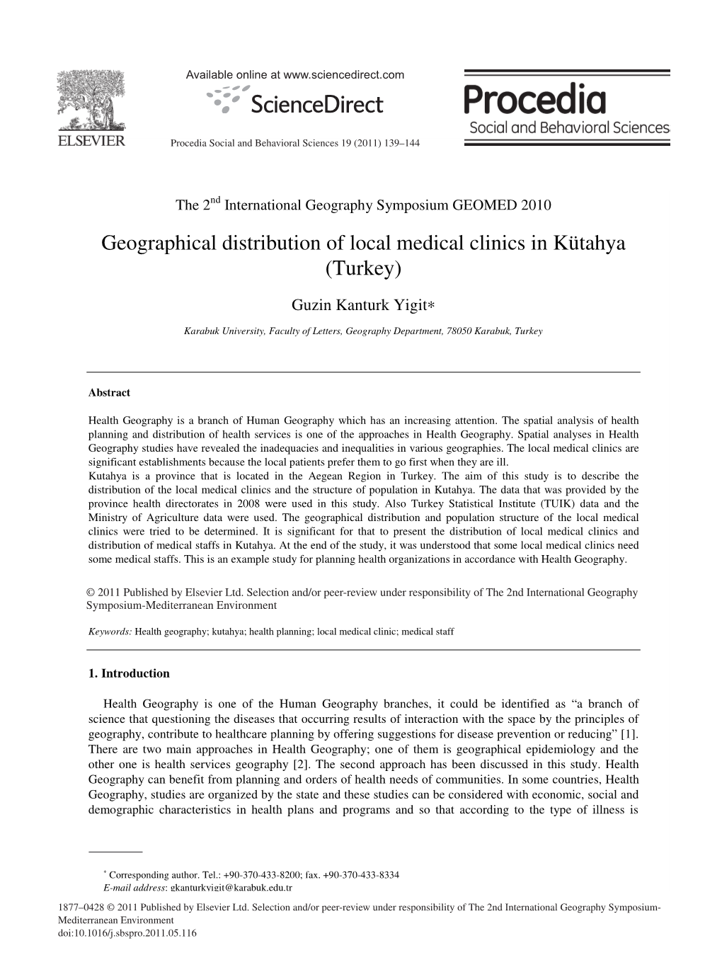 Geographical Distribution of Local Medical Clinics in Kütahya (Turkey)