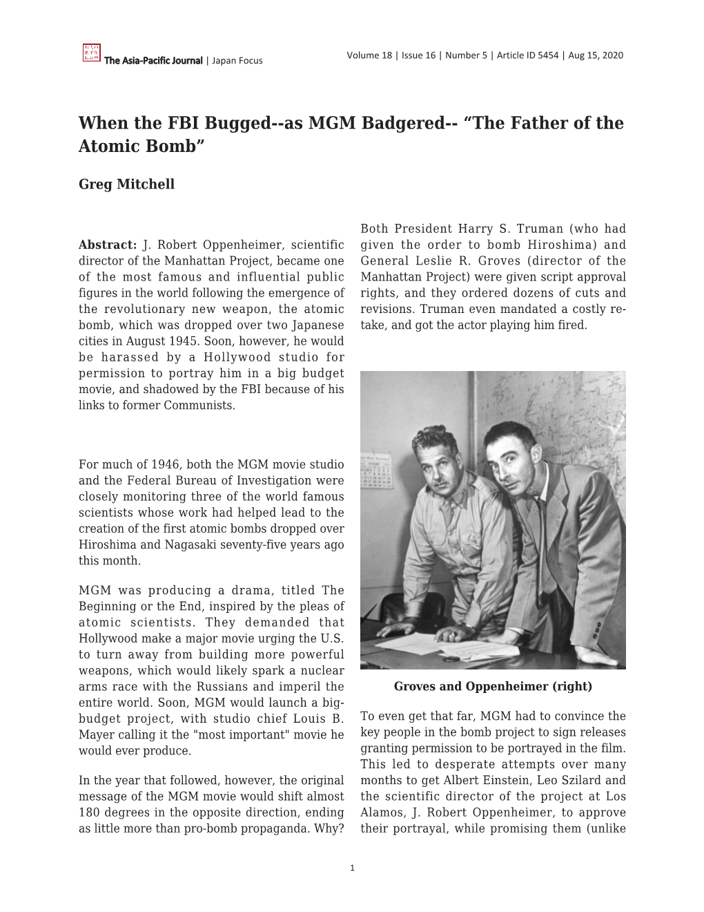 When the FBI Bugged--As MGM Badgered-- “The Father of the Atomic Bomb”
