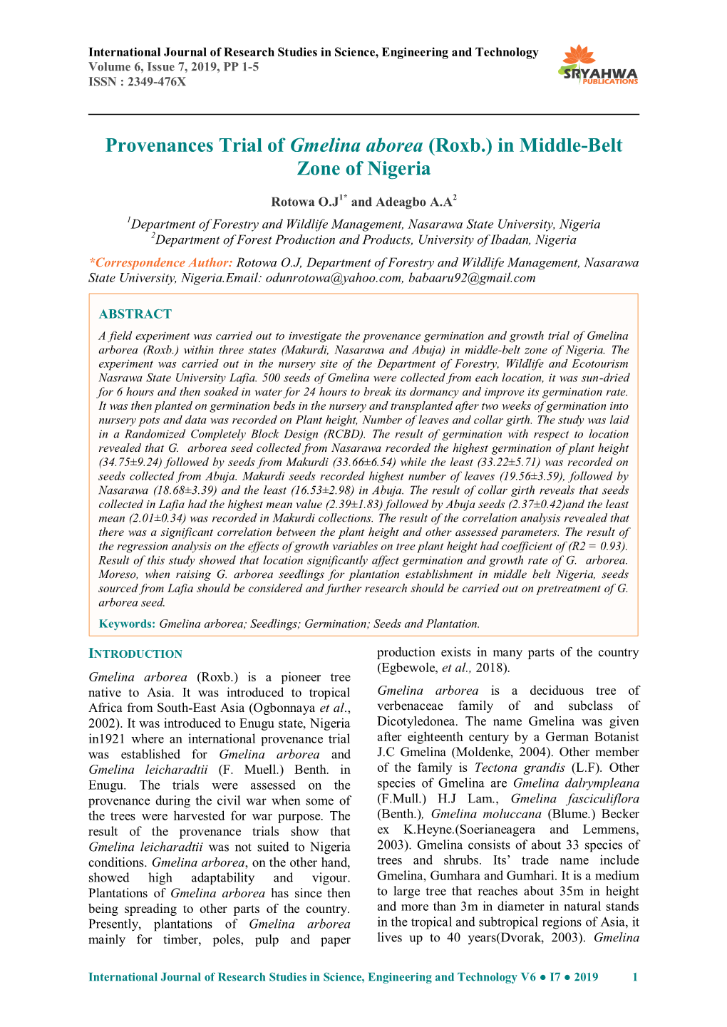 Provenances Trial of Gmelina Aborea (Roxb.) in Middle-Belt Zone of Nigeria