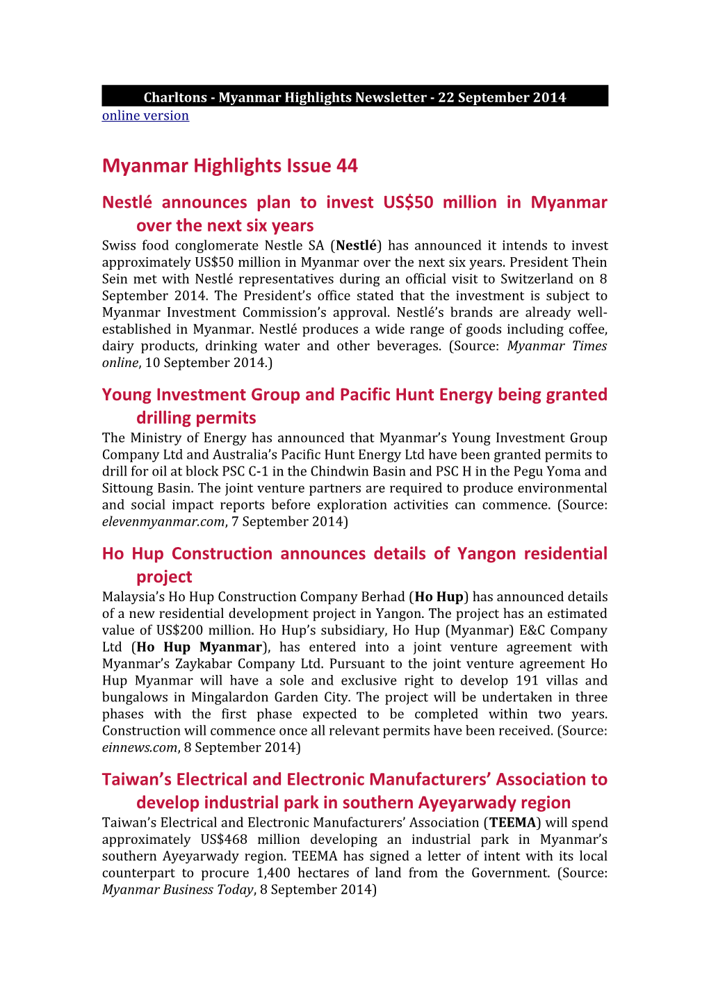 Charltons - Myanmar Highlights Newsletter - 22 September 2014