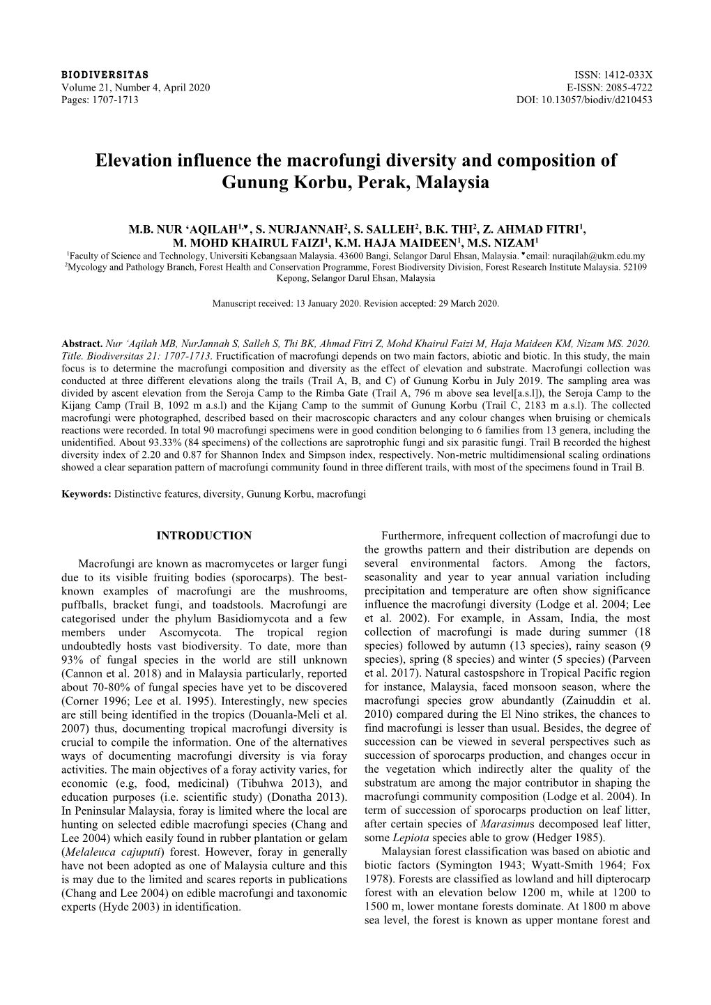 Elevation Influence the Macrofungi Diversity and Composition of Gunung Korbu, Perak, Malaysia