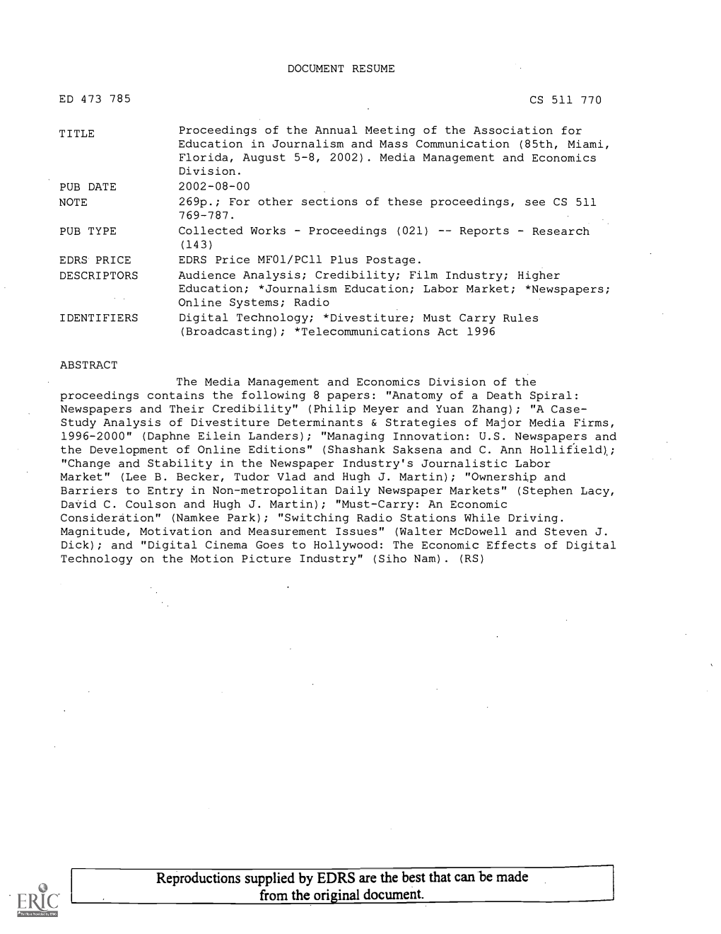 Proceedings of the Annual Meeting of the Association for Education in Journalism and Mass Communication (85Th, Miami, Florida, August 5-8, 2002)