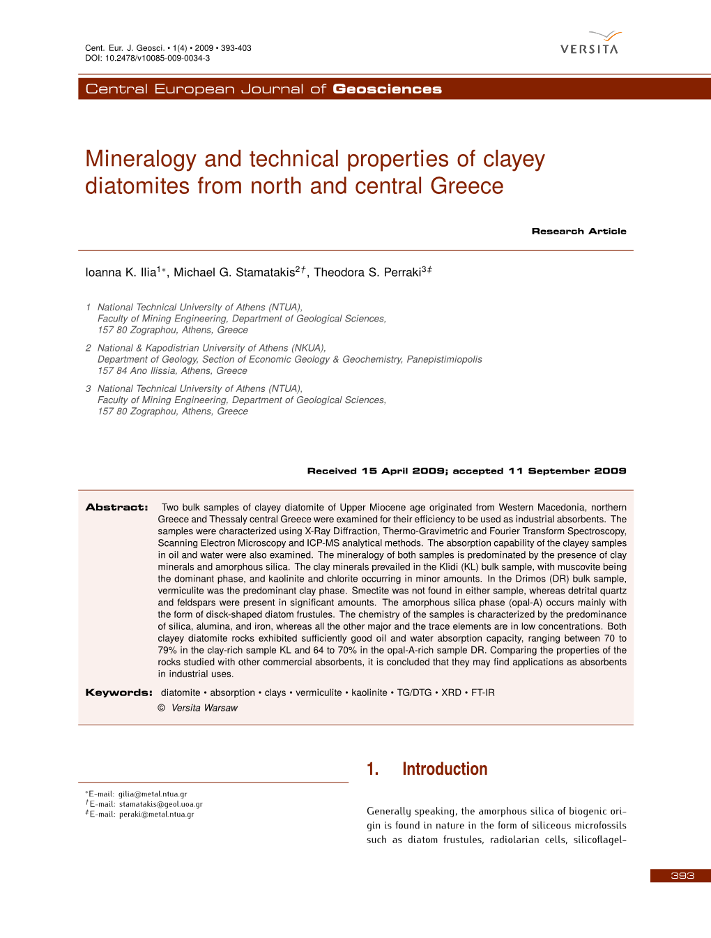 Mineralogy and Technical Properties of Clayey Diatomites from North and Central Greece