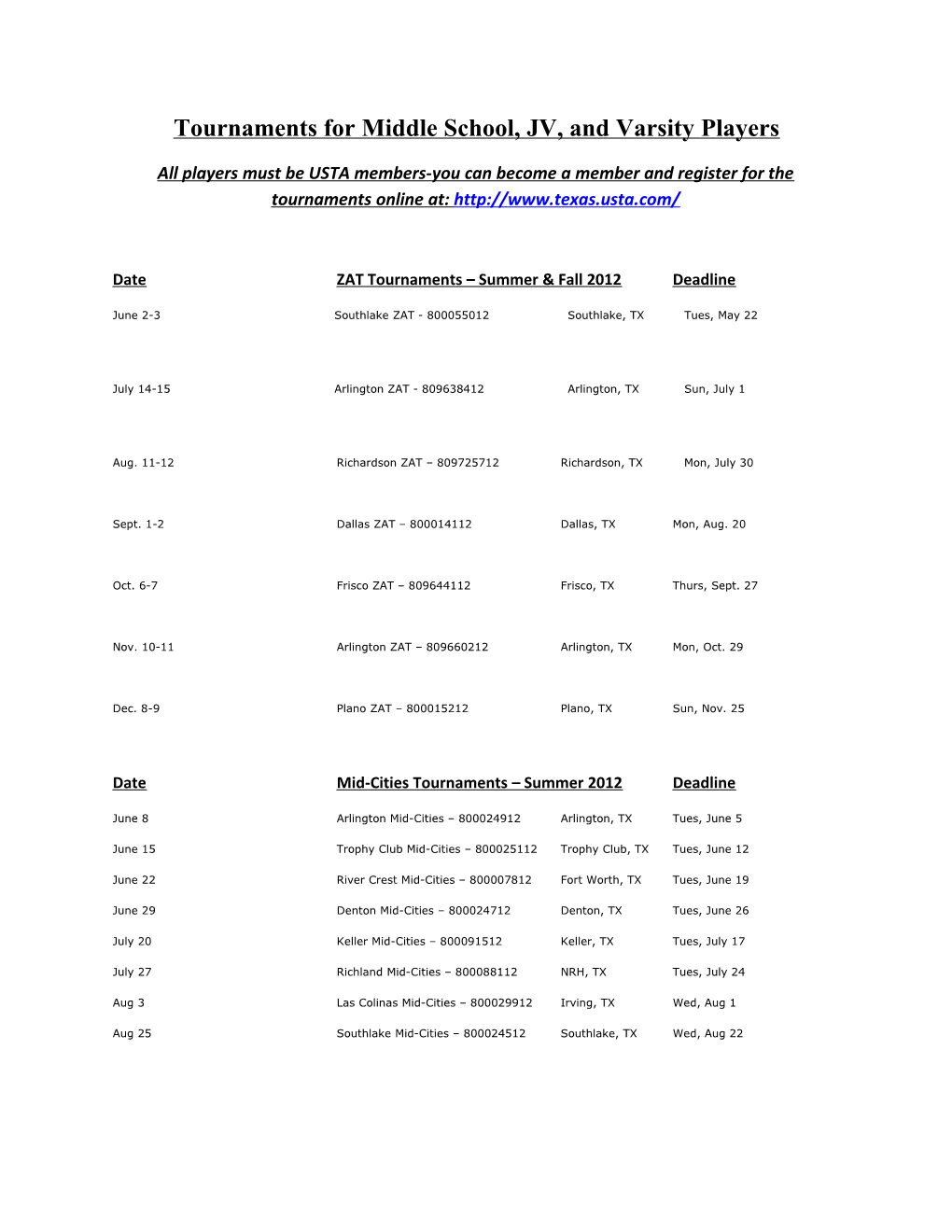 Tournaments for Middle School, JV, and Varsity Players