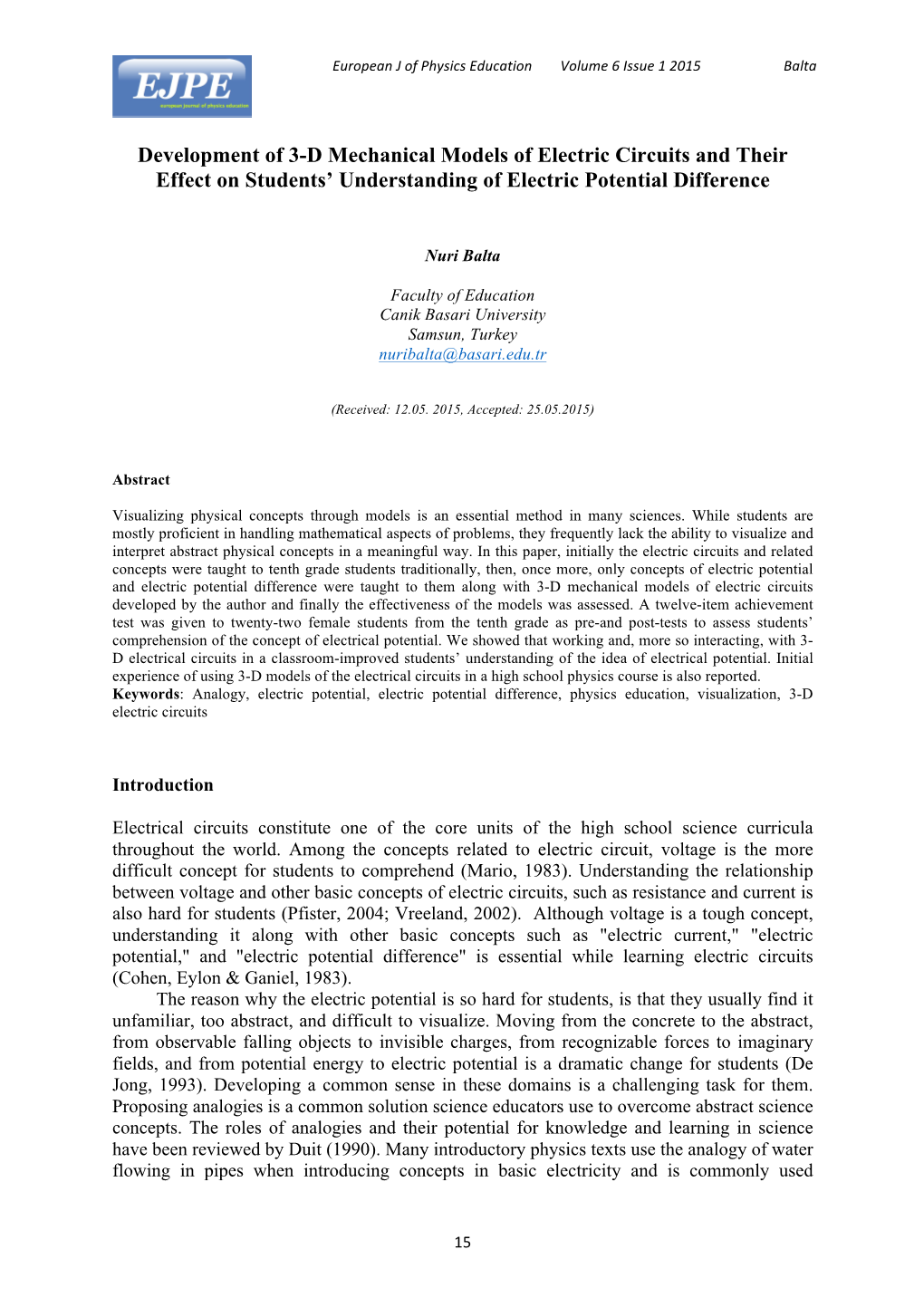 Development of 3-D Mechanical Models of Electric Circuits and Their Effect on Students’ Understanding of Electric Potential Difference