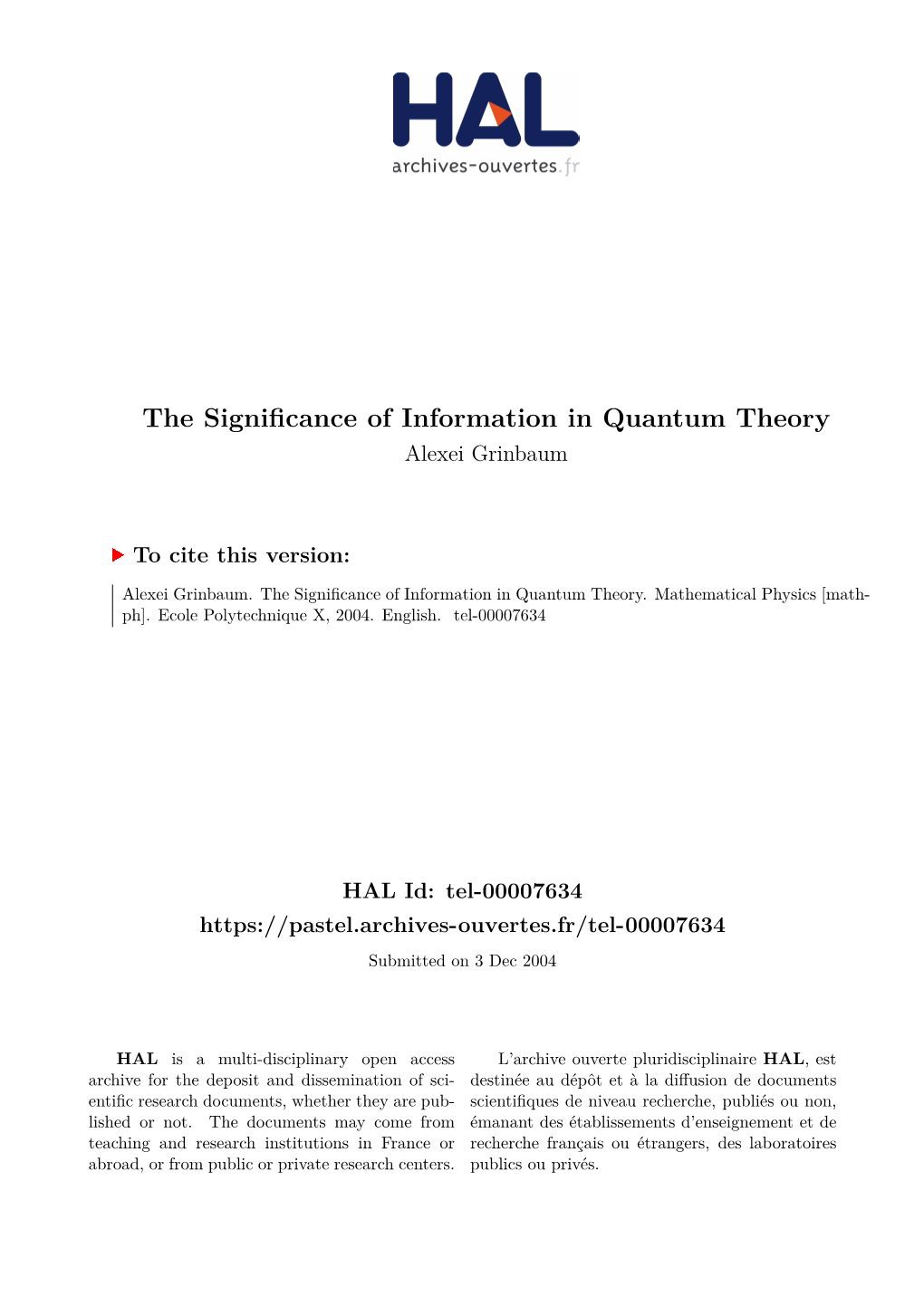 The Significance of Information in Quantum Theory Alexei Grinbaum