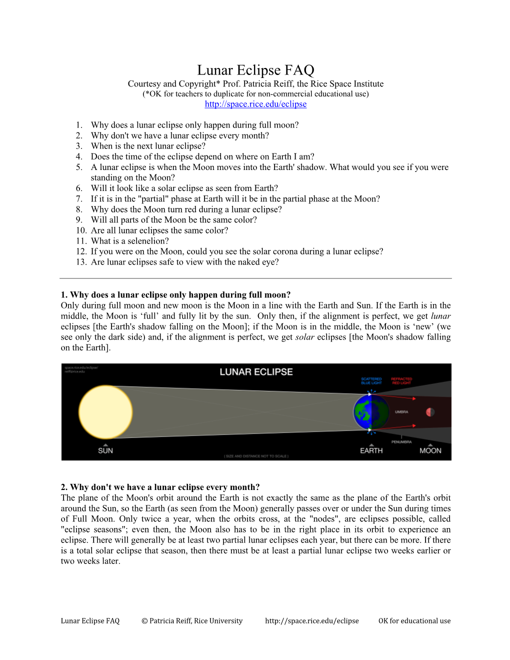 Lunar Eclipse FAQ Courtesy and Copyright* Prof