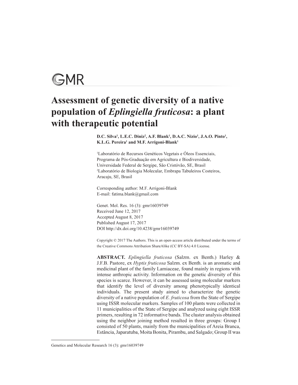 Assessment of Genetic Diversity of a Native Population of Eplingiella Fruticosa: a Plant with Therapeutic Potential