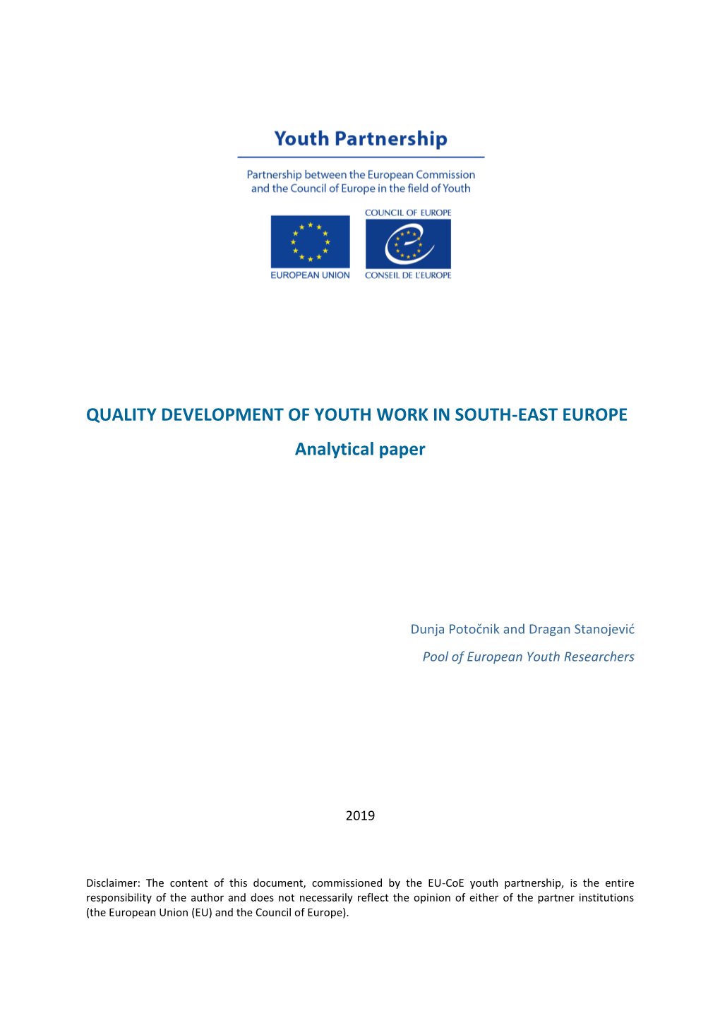 Quality Development of Youth Work in South-East Europe. Analytical Paper