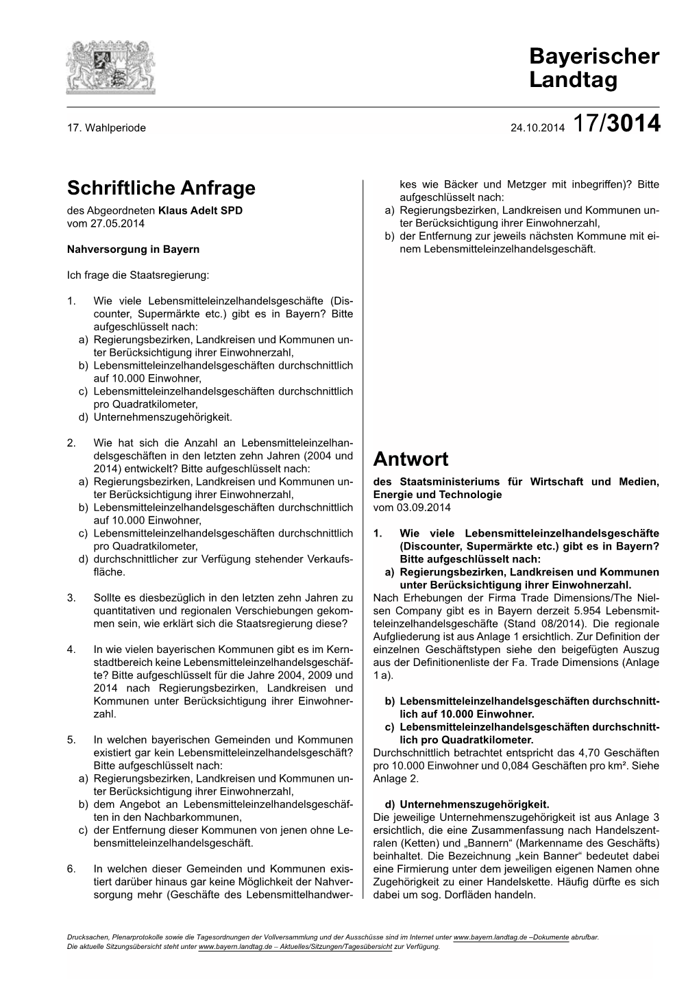 Nahversorgung in Bayern Nem Lebensmitteleinzelhandelsgeschäft