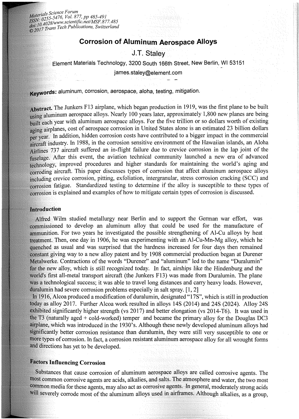 Corrosion of Aluminum Aerospace Alloys J.T. Staley Element Materials Technology, 3200 South 166Th Street, New Berlin, Wl 53151 James.Staley@Element.Com