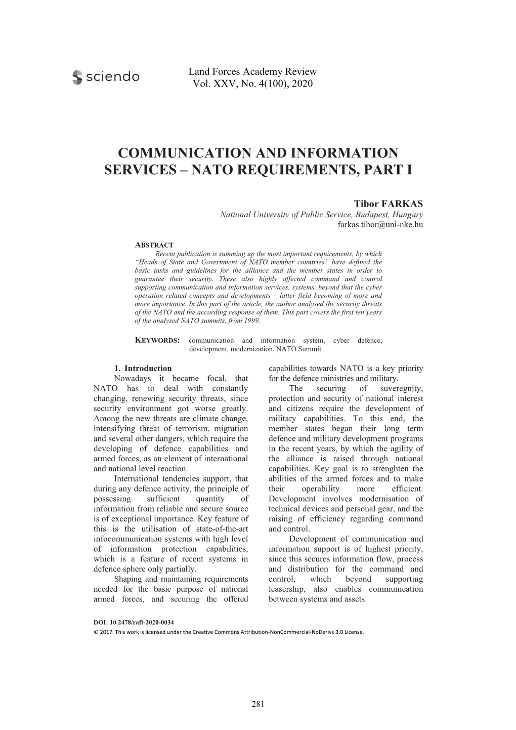 Communication and Information Services – Nato Requirements, Part I