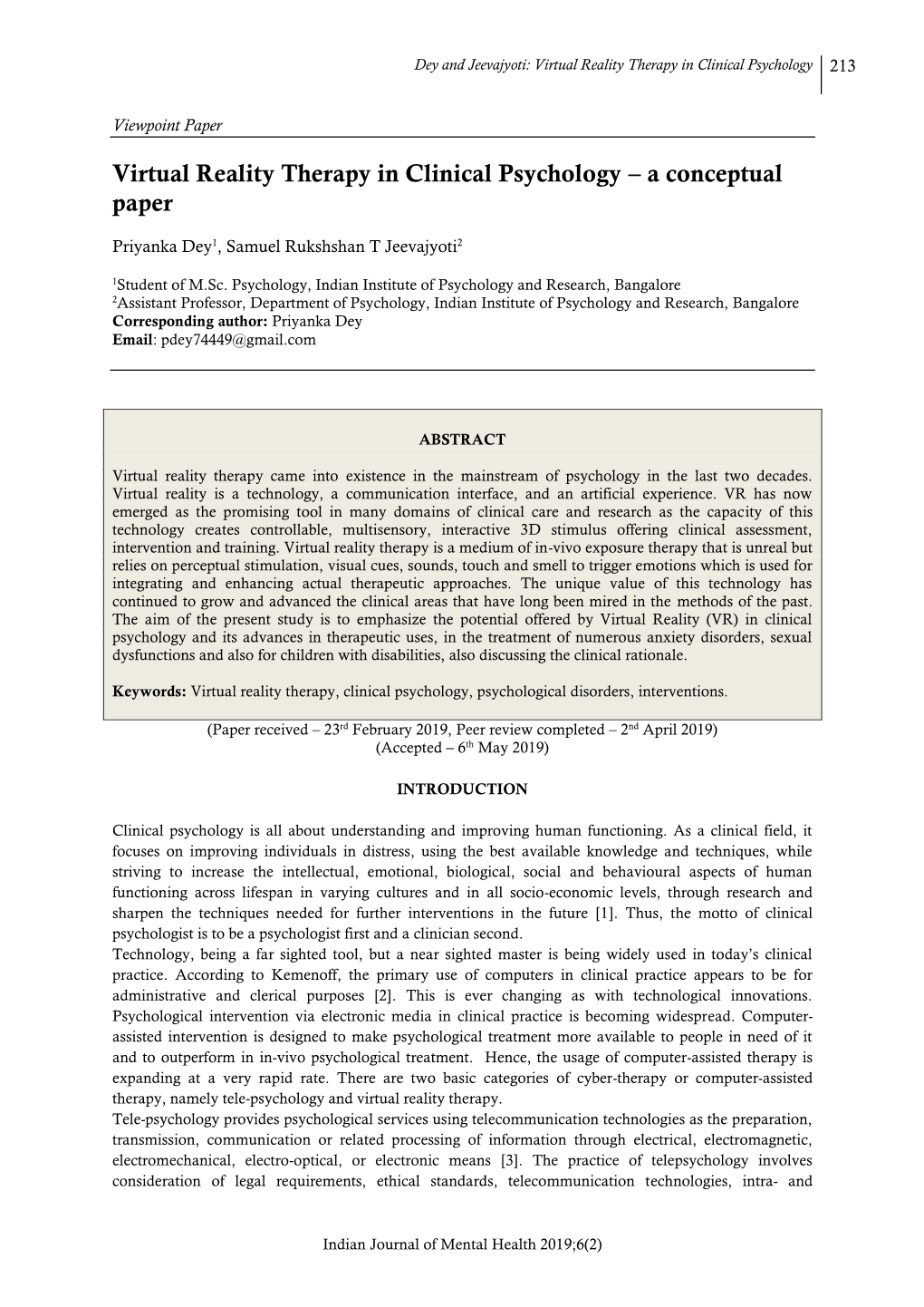 Virtual Reality Therapy in Clinical Psychology – a Conceptual Paper