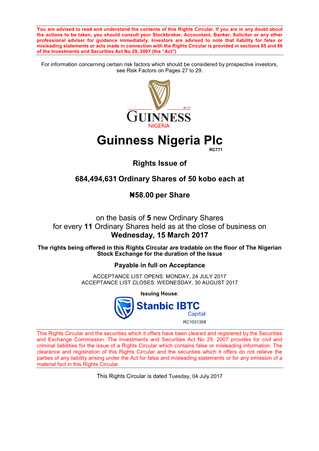 Guinness Nigeria Plc RC771