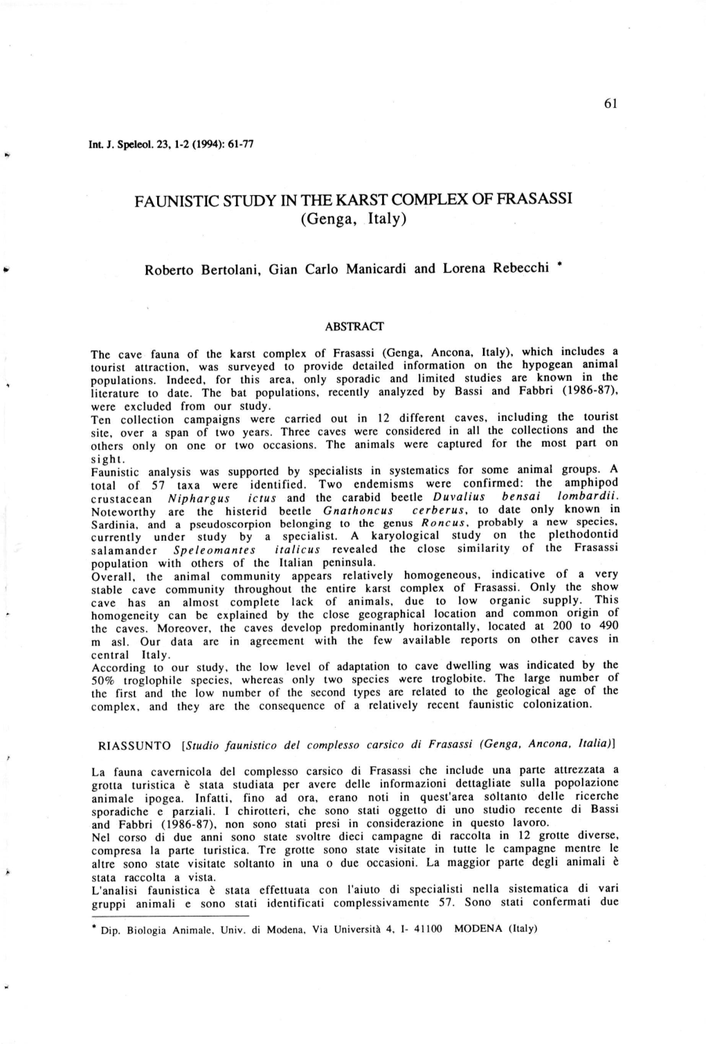 FAUNISTIC STUDY in the KARST COMPLEX of FRASASSI (Genga, Italy)