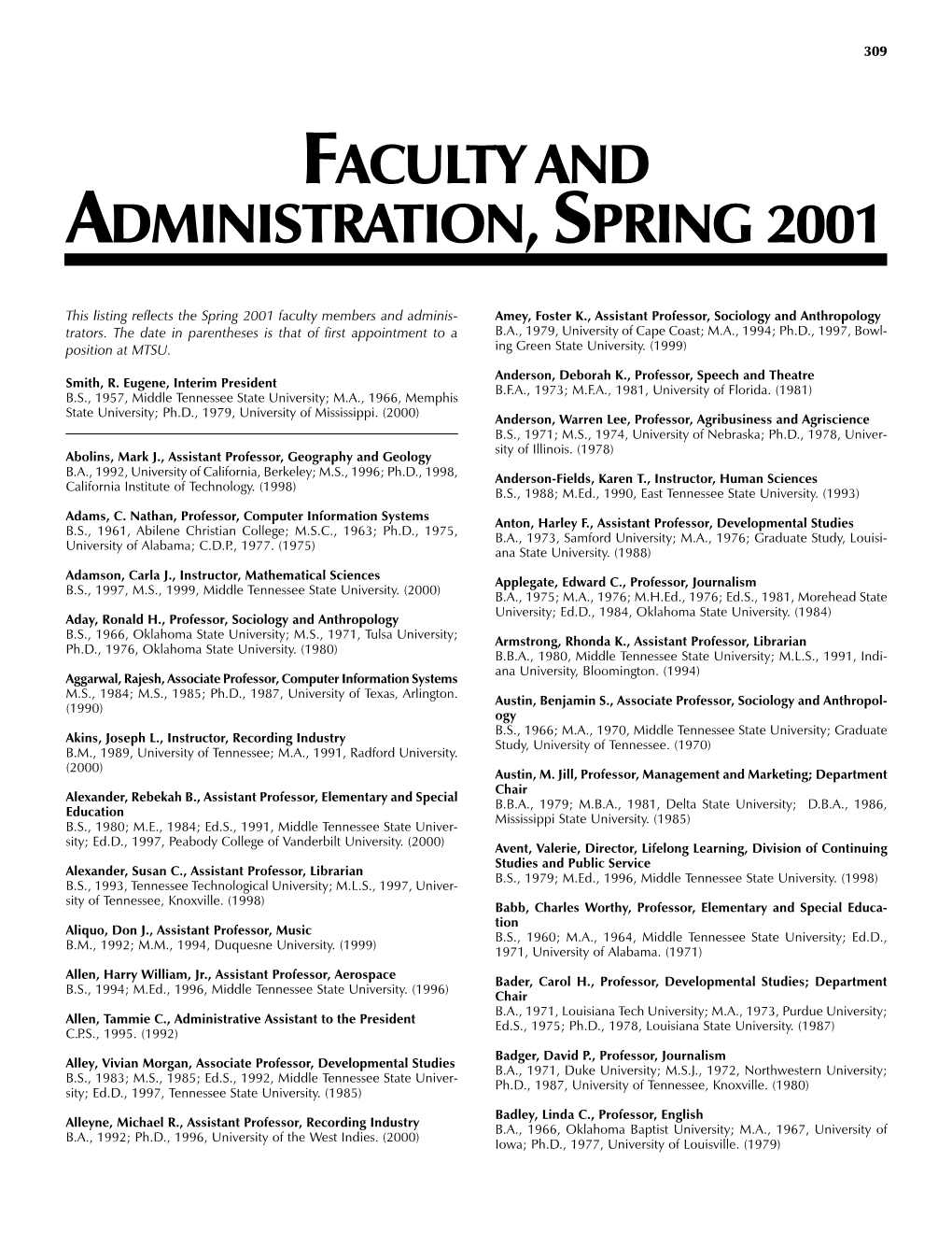 "Faculty and Administration," Spring 2001