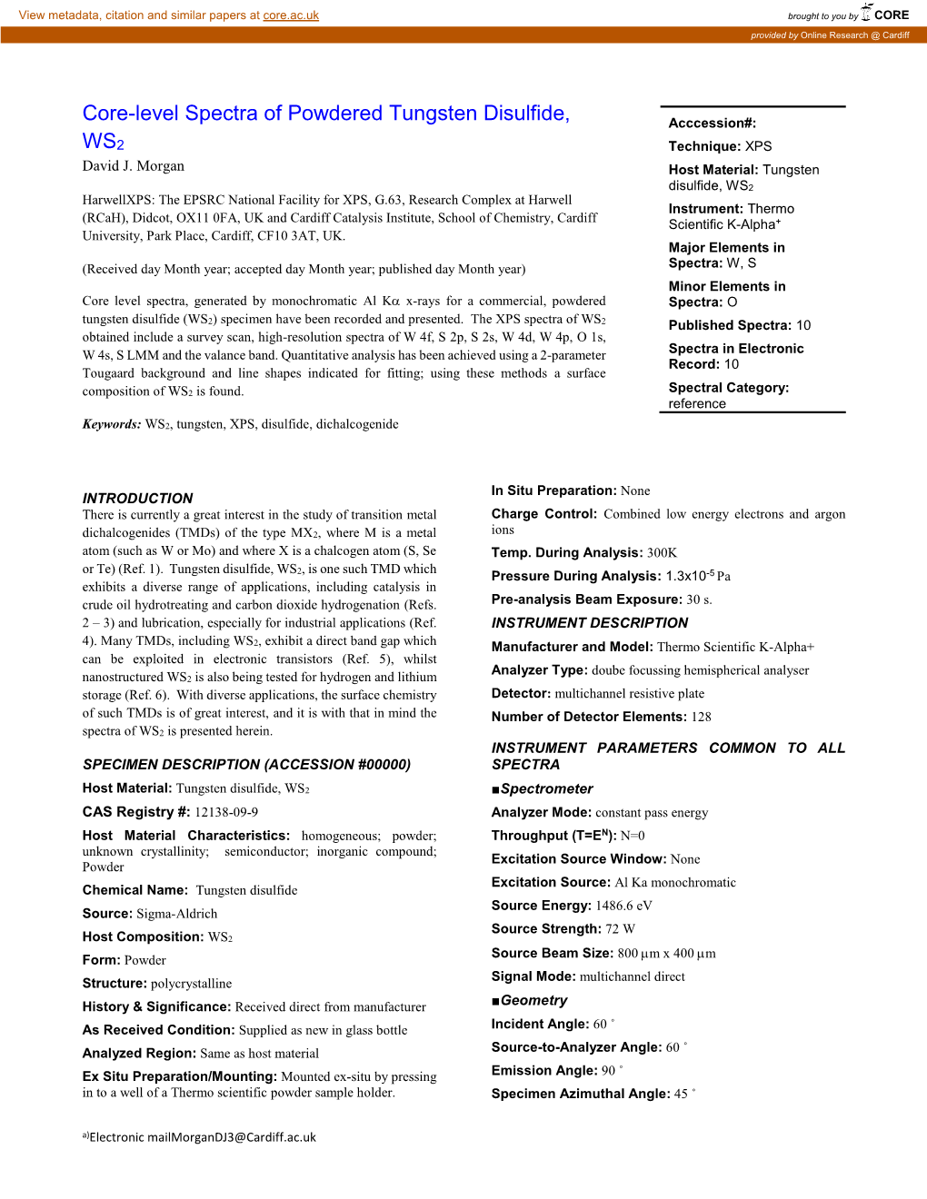 Core-Level Spectra of Powdered Tungsten Disulfide, Acccession#: WS2 Technique: XPS David J