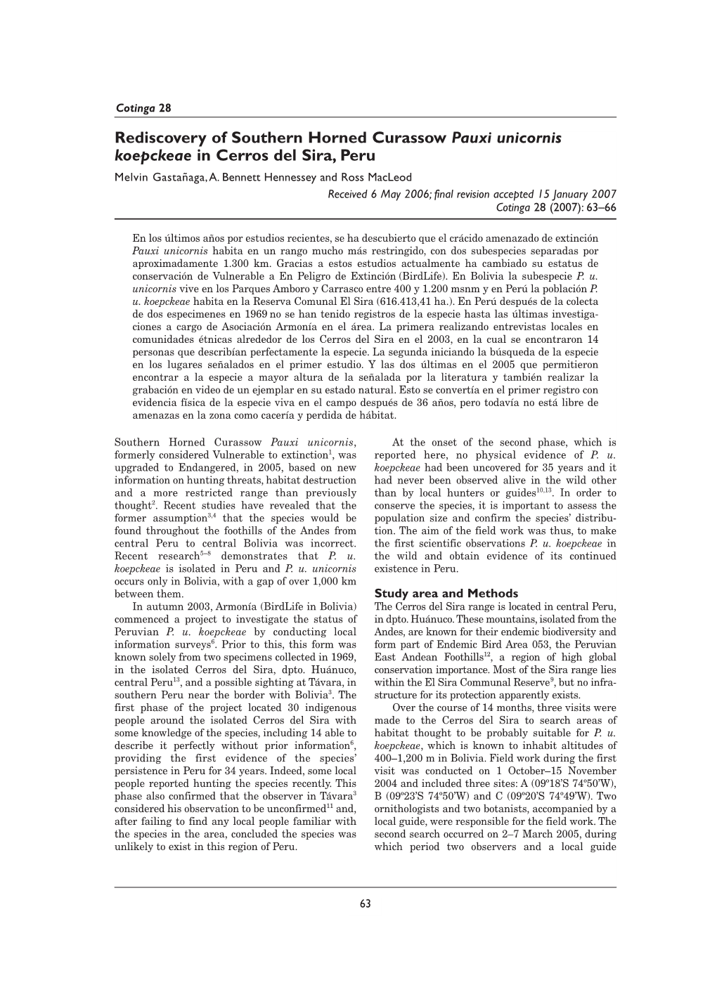 Rediscovery of Southern Horned Curassow Pauxi Unicornis Koepckeae in Cerros Del Sira, Peru Melvin Gastañaga,A